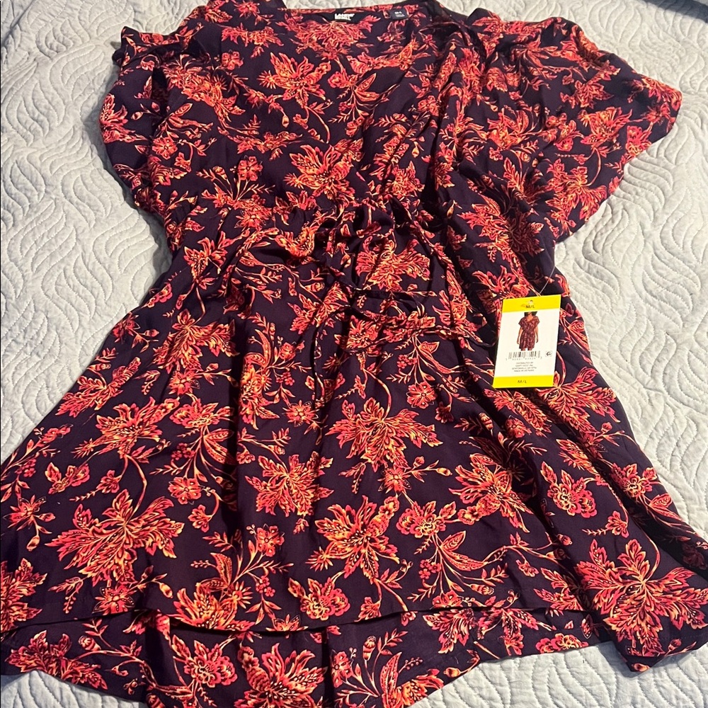 Lands' End Navy Floral Tie-Front Top with Red & Coral Blooms